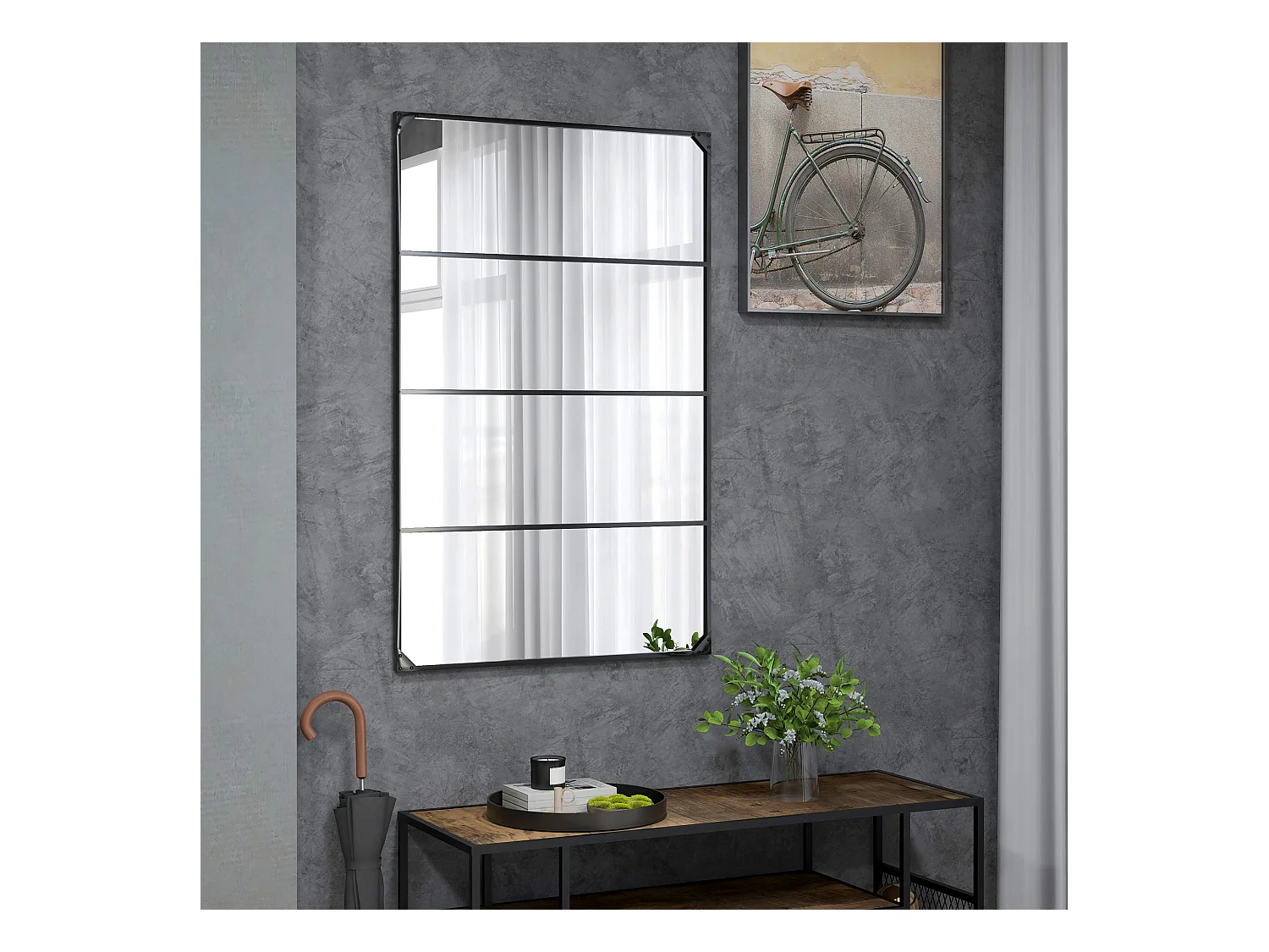 Miroir mural verrière rectangulaire style industriel - horizontal ou vertical - 4 crochets - métal noir