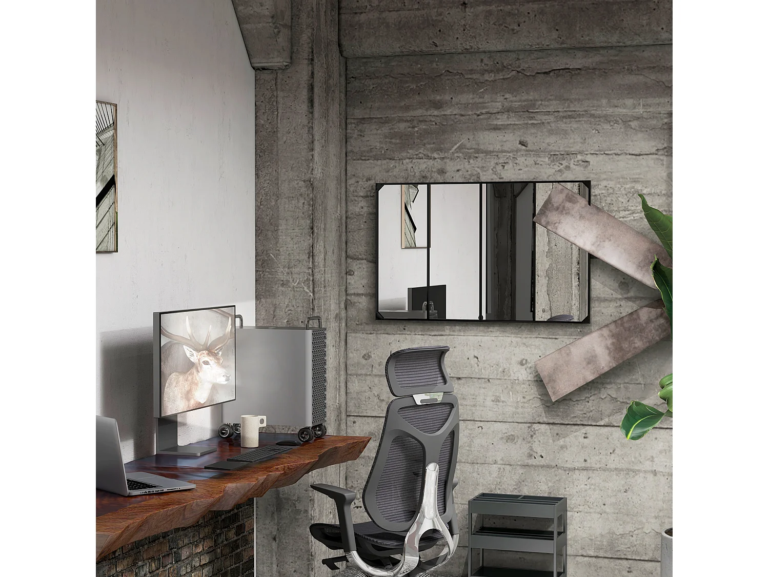 Miroir mural verrière rectangulaire style industriel - horizontal ou vertical - 4 crochets - métal noir