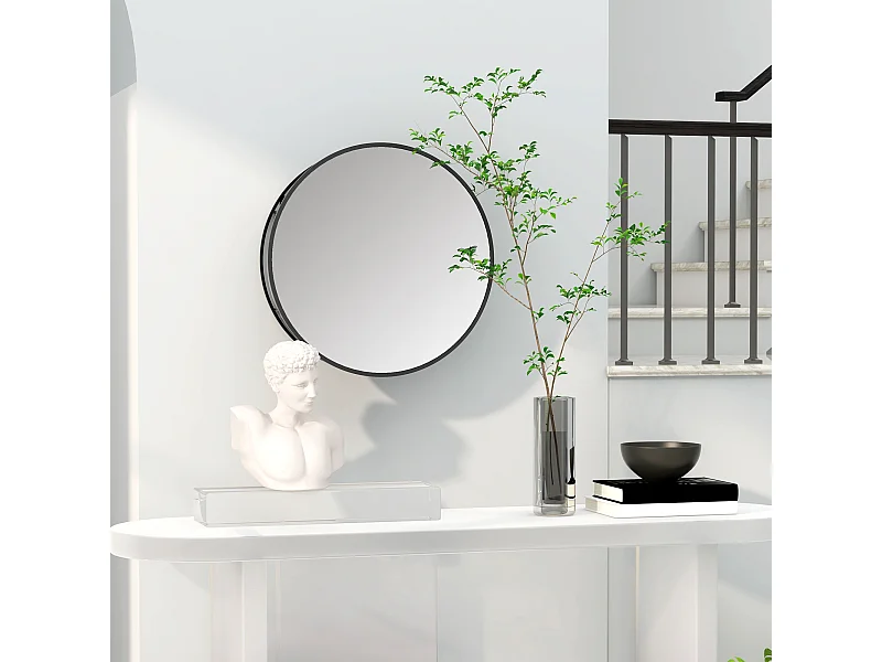 Miroir mural rond dia. 50 cm - 2 étagères - cadre métal noir