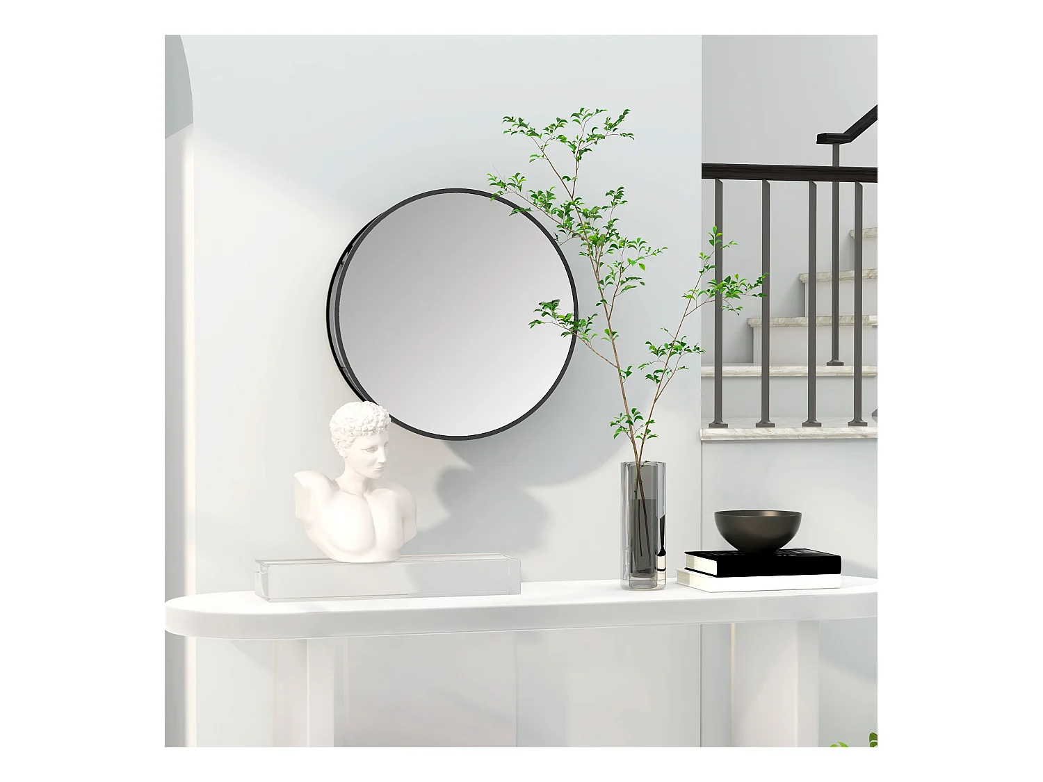 Miroir mural rond dia. 50 cm - 2 étagères - cadre métal noir
