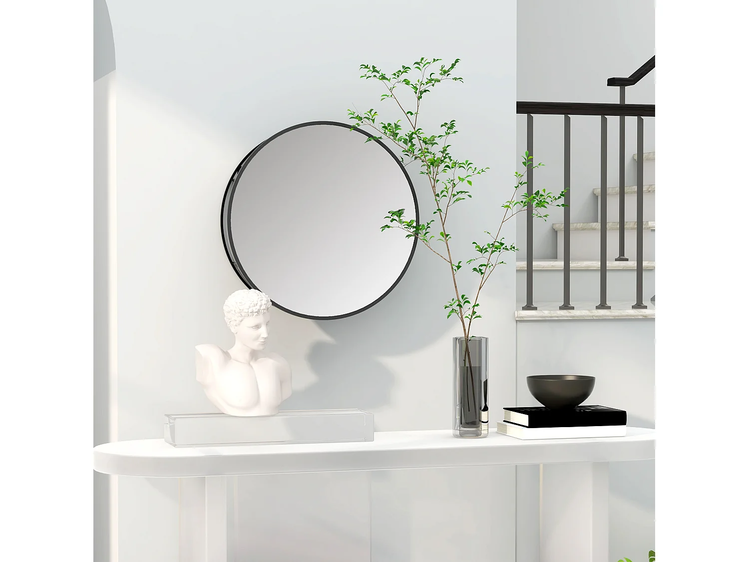 Miroir mural rond dia. 50 cm - 2 étagères - cadre métal noir