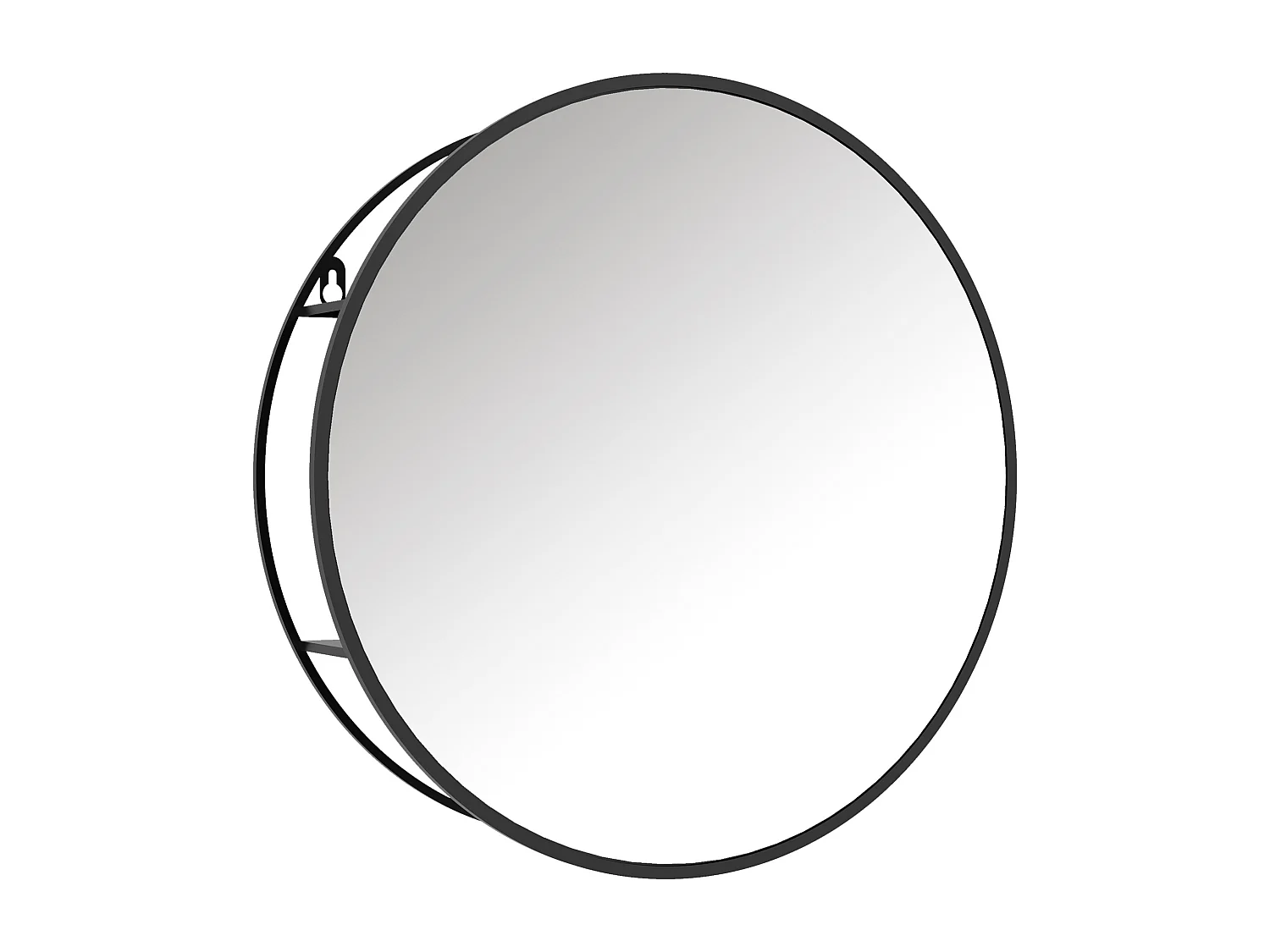 Miroir mural rond dia. 50 cm - 2 étagères - cadre métal noir