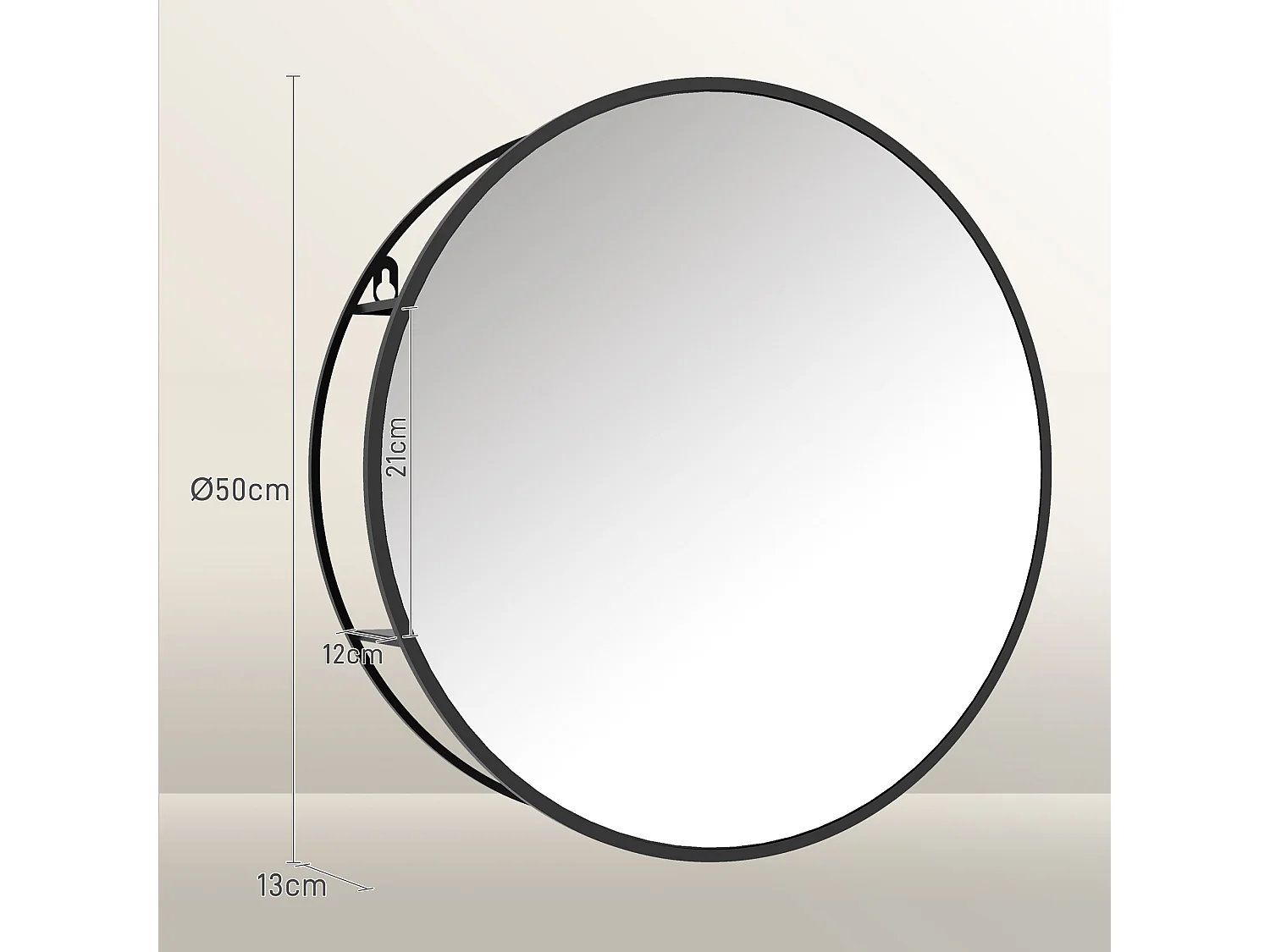 Miroir mural rond dia. 50 cm - 2 étagères - cadre métal noir