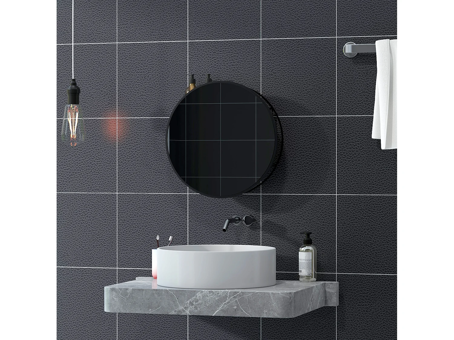 Miroir mural rond dia. 50 cm - 2 étagères - cadre métal noir