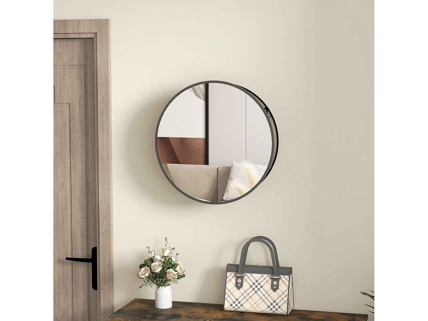 Miroir mural rond dia. 50 cm - 2 étagères - cadre métal noir