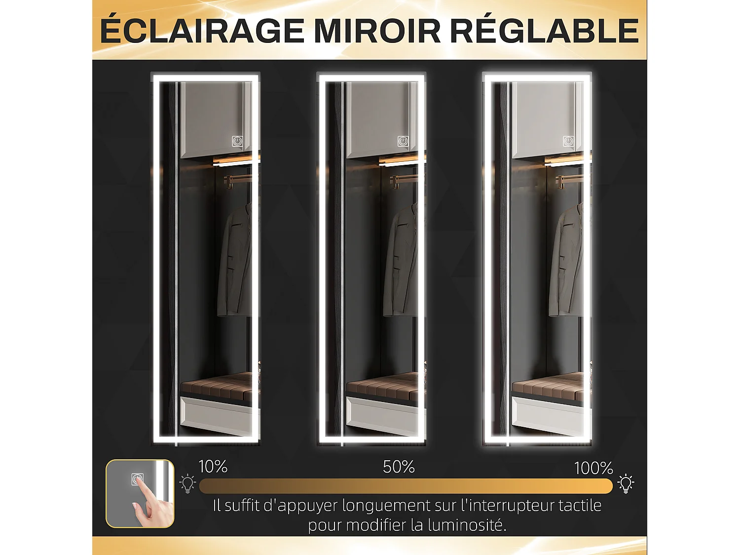 Miroir mural plein pied rectangulaire avec LED réglable, interrupteur tactile, verre épais 4mm, 40 x 120 cm - pour chambre, salon, salle de bain