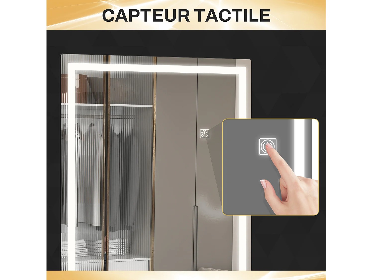 Miroir mural plein pied rectangulaire avec LED réglable, interrupteur tactile, verre épais 4mm, 40 x 120 cm - pour chambre, salon, salle de bain