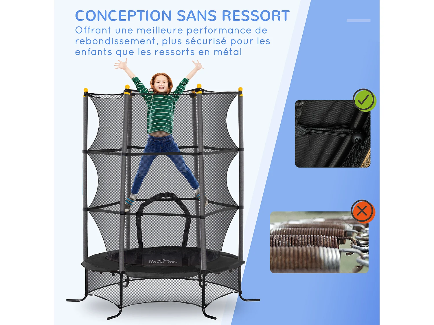 Trampoline de jardin enfants Ø 1,63 x 1,90H m filet de sécurité porte zipée couvre-ressorts + 6 poteaux rembourrés inclus noir