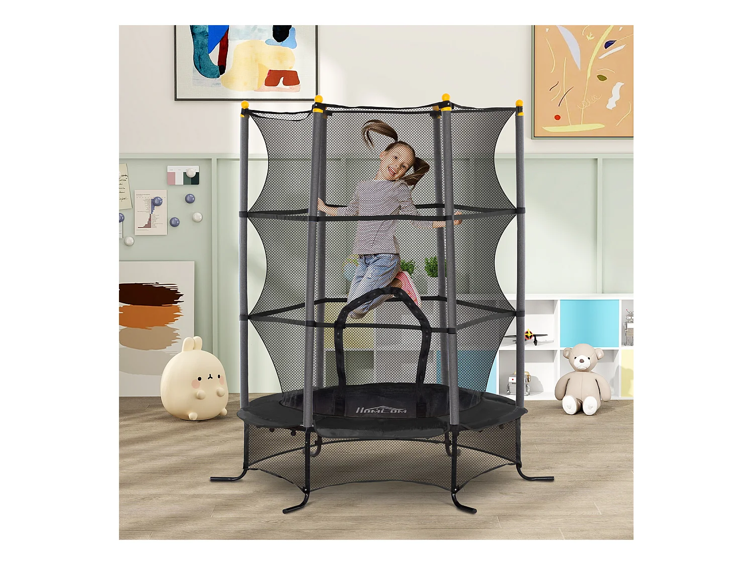 Trampoline de jardin enfants Ø 1,63 x 1,90H m filet de sécurité porte zipée couvre-ressorts + 6 poteaux rembourrés inclus bleu
