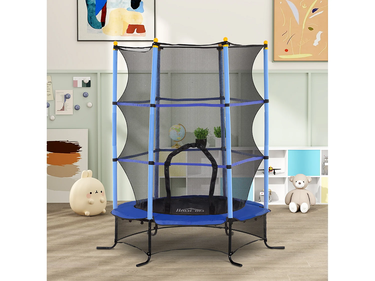 Trampoline de jardin enfants Ø 1,63 x 1,90H m filet de sécurité porte zipée couvre-ressorts + 6 poteaux rembourrés inclus bleu