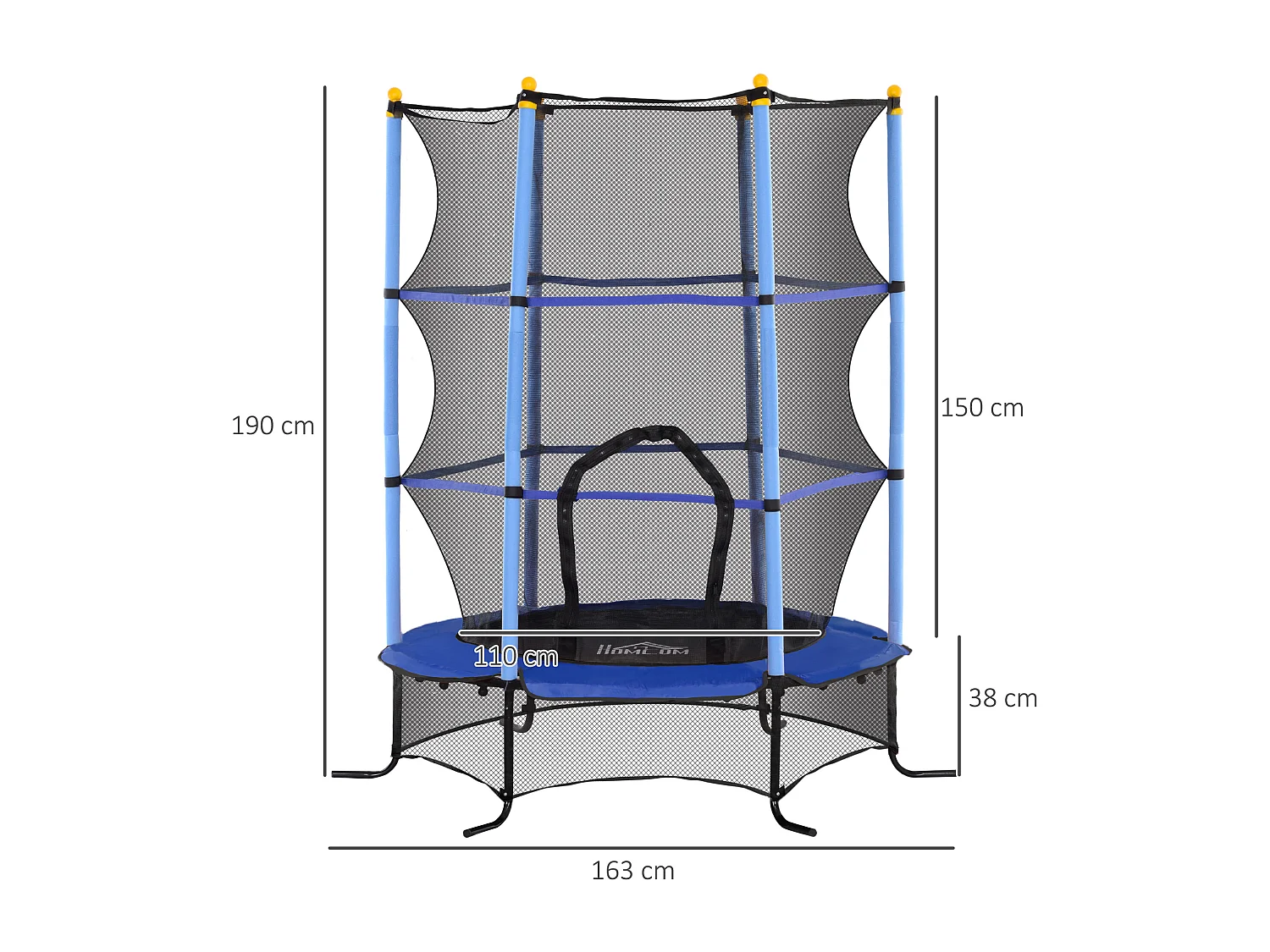 Trampoline de jardin enfants Ø 1,63 x 1,90H m filet de sécurité porte zipée couvre-ressorts + 6 poteaux rembourrés inclus bleu