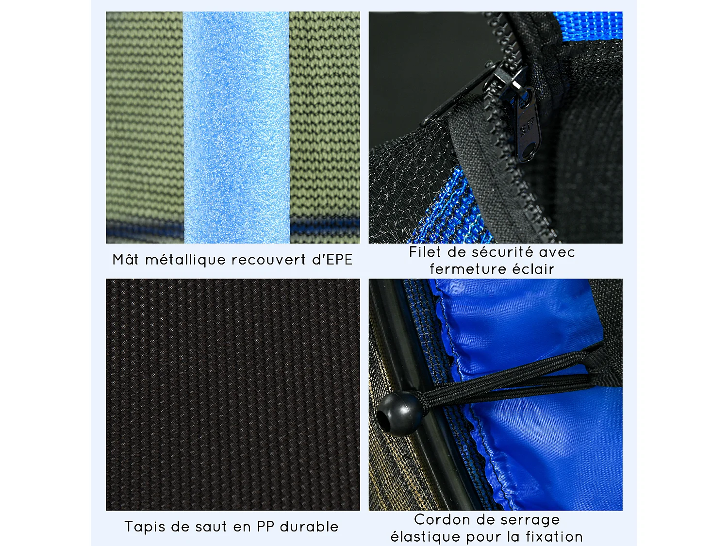 Trampoline de jardin enfants Ø 1,63 x 1,90H m filet de sécurité porte zipée couvre-ressorts + 6 poteaux rembourrés inclus bleu