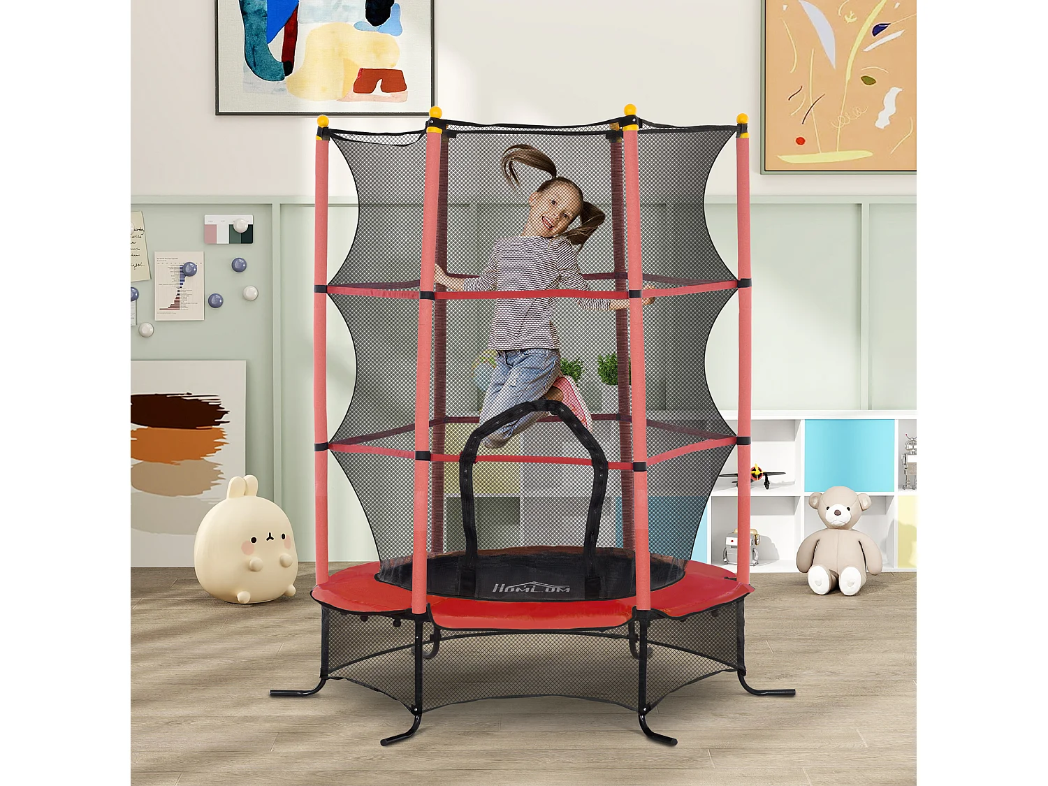 Trampoline de jardin enfants Ø 1,63 x 1,90H m filet de sécurité porte zipée couvre-ressorts + 6 poteaux rembourrés inclus rouge