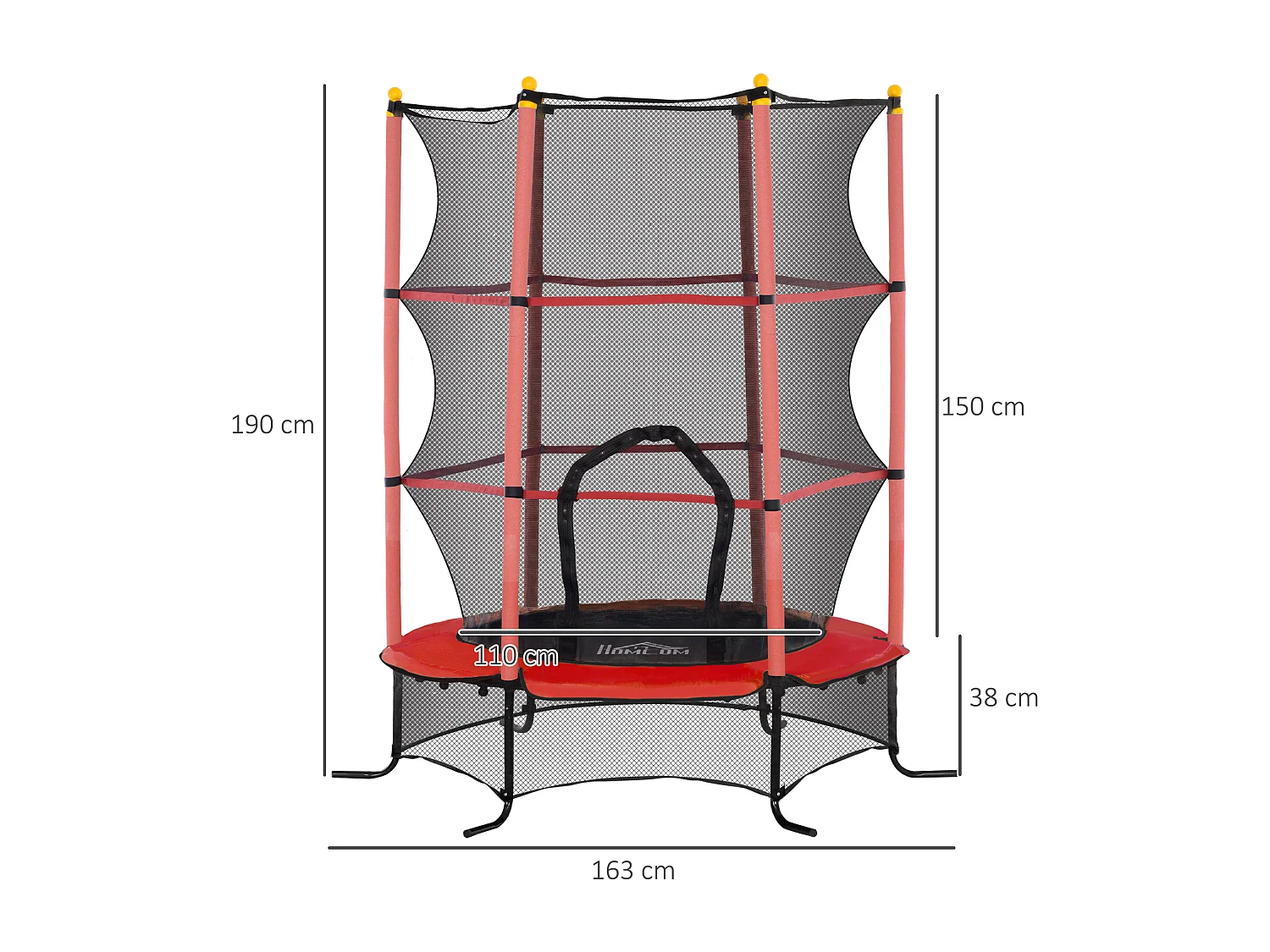 Trampoline de jardin enfants Ø 1,63 x 1,90H m filet de sécurité porte zipée couvre-ressorts + 6 poteaux rembourrés inclus rouge