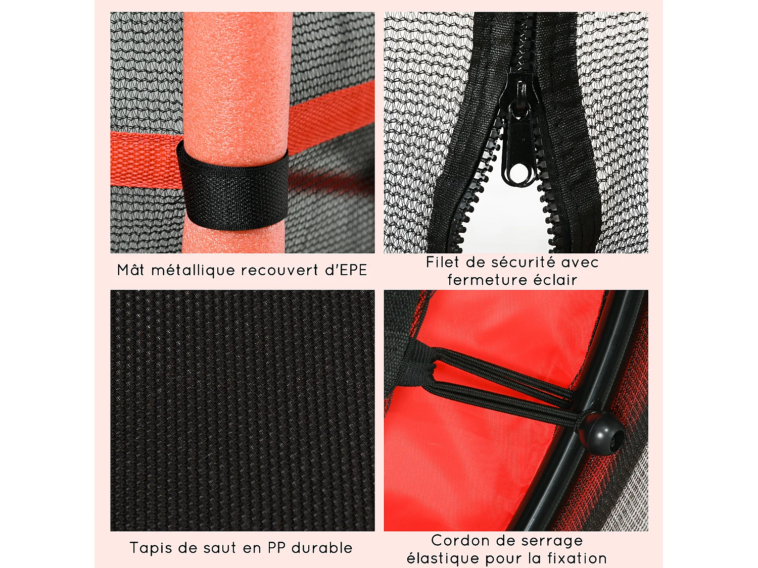 Trampoline de jardin enfants Ø 1,63 x 1,90H m filet de sécurité porte zipée couvre-ressorts + 6 poteaux rembourrés inclus rouge