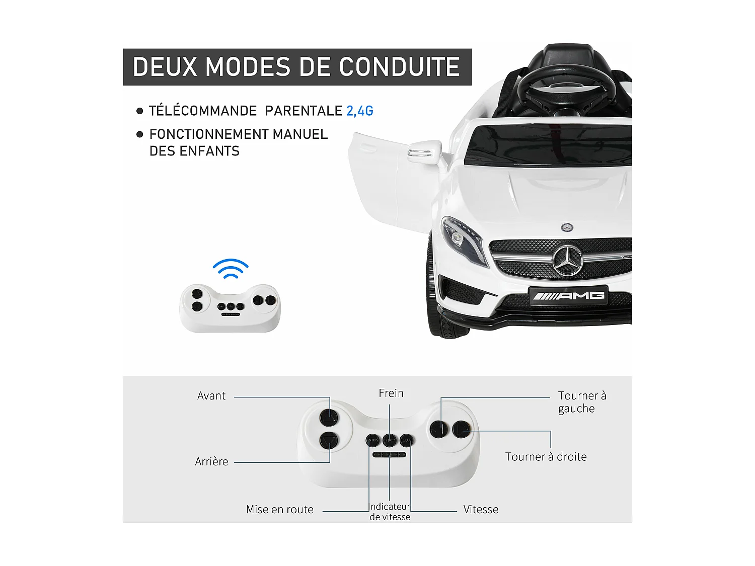 Voiture véhicule électrique enfant 6 V 7 Km/h max. télécommande effets sonores + lumineux Mercedes GLA AMG blanc
