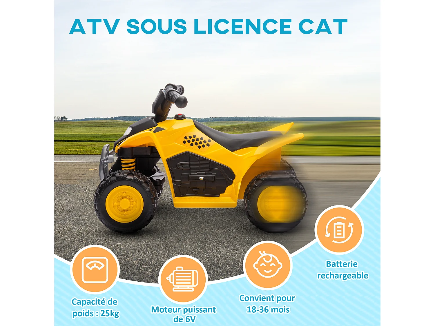 Quad électrique enfant 18-36 mois Caterpillar - klaxon, phare LED, pédale accélérateur - 2,8 Km/h max. - noir jaune