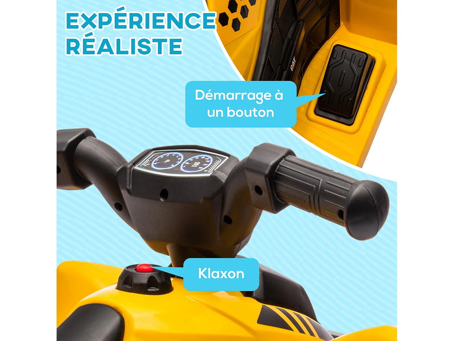 Quad électrique enfant 18-36 mois Caterpillar - klaxon, phare LED, pédale accélérateur - 2,8 Km/h max. - noir jaune