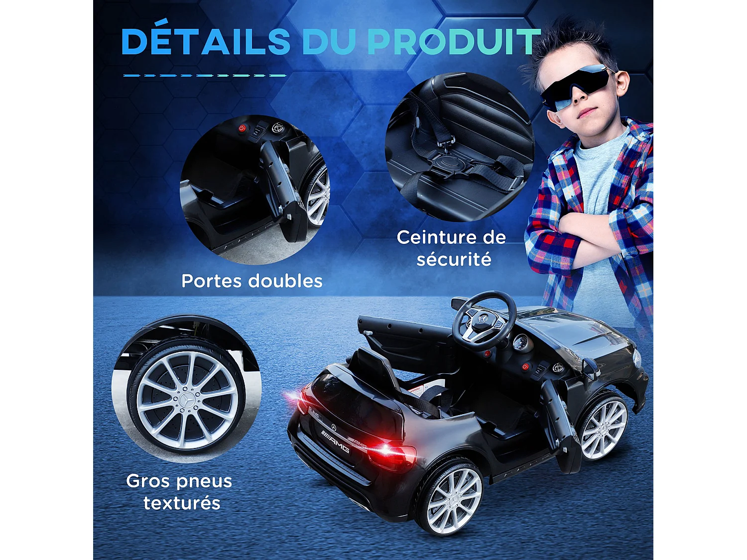 Voiture véhicule électrique enfant 6 V 7 Km/h max. télécommande effets sonores + lumineux Mercedes GLA AMG noir