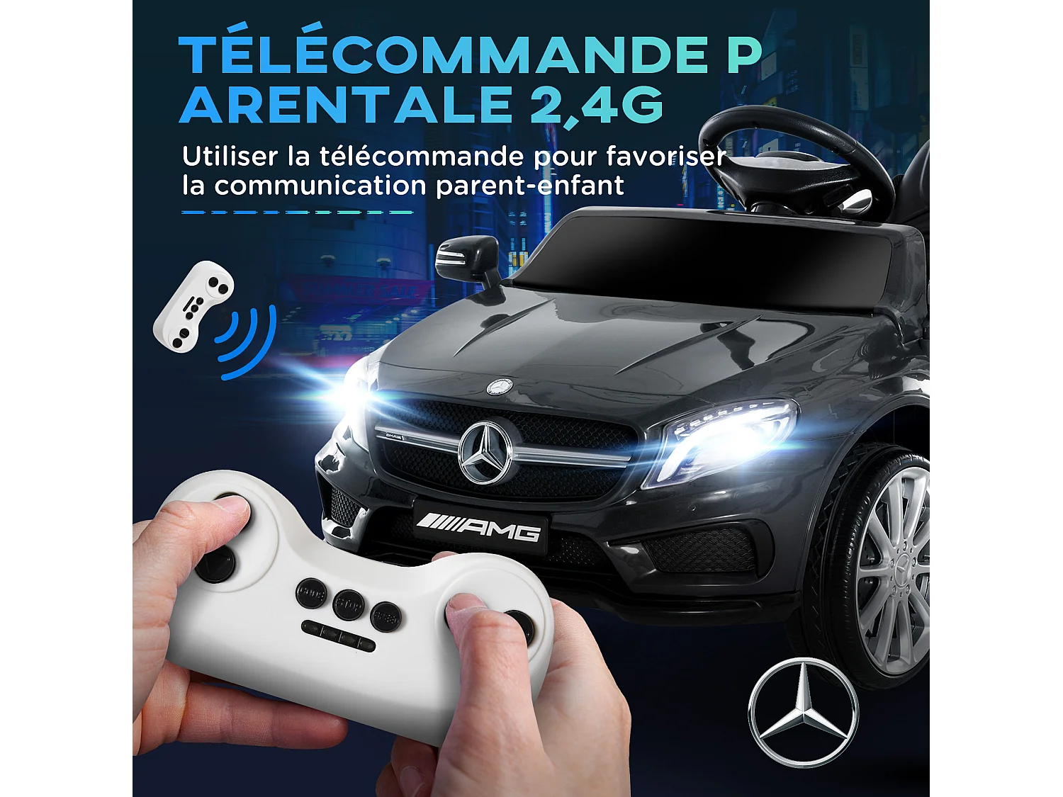 Voiture véhicule électrique enfant 6 V 7 Km/h max. télécommande effets sonores + lumineux Mercedes GLA AMG noir