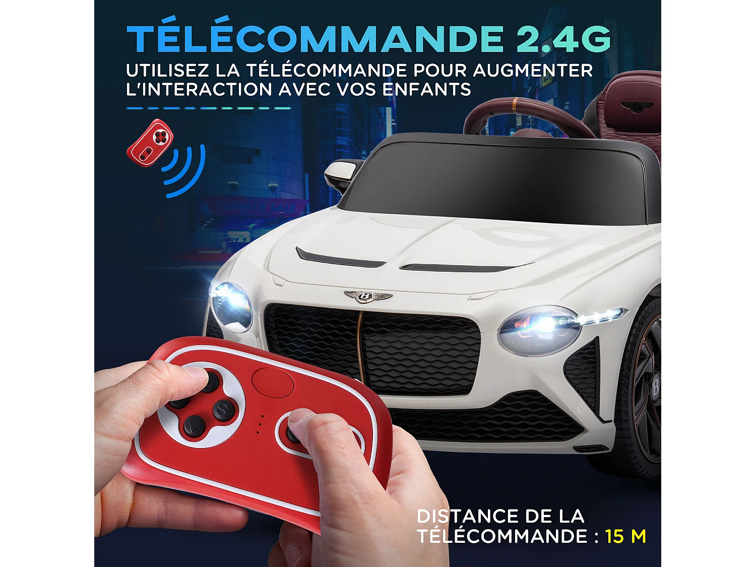 Véhicule électrique enfant Bentley Bacalar 2 moteurs 2 x 25 W télécommande effets sonores et lumineux blanc