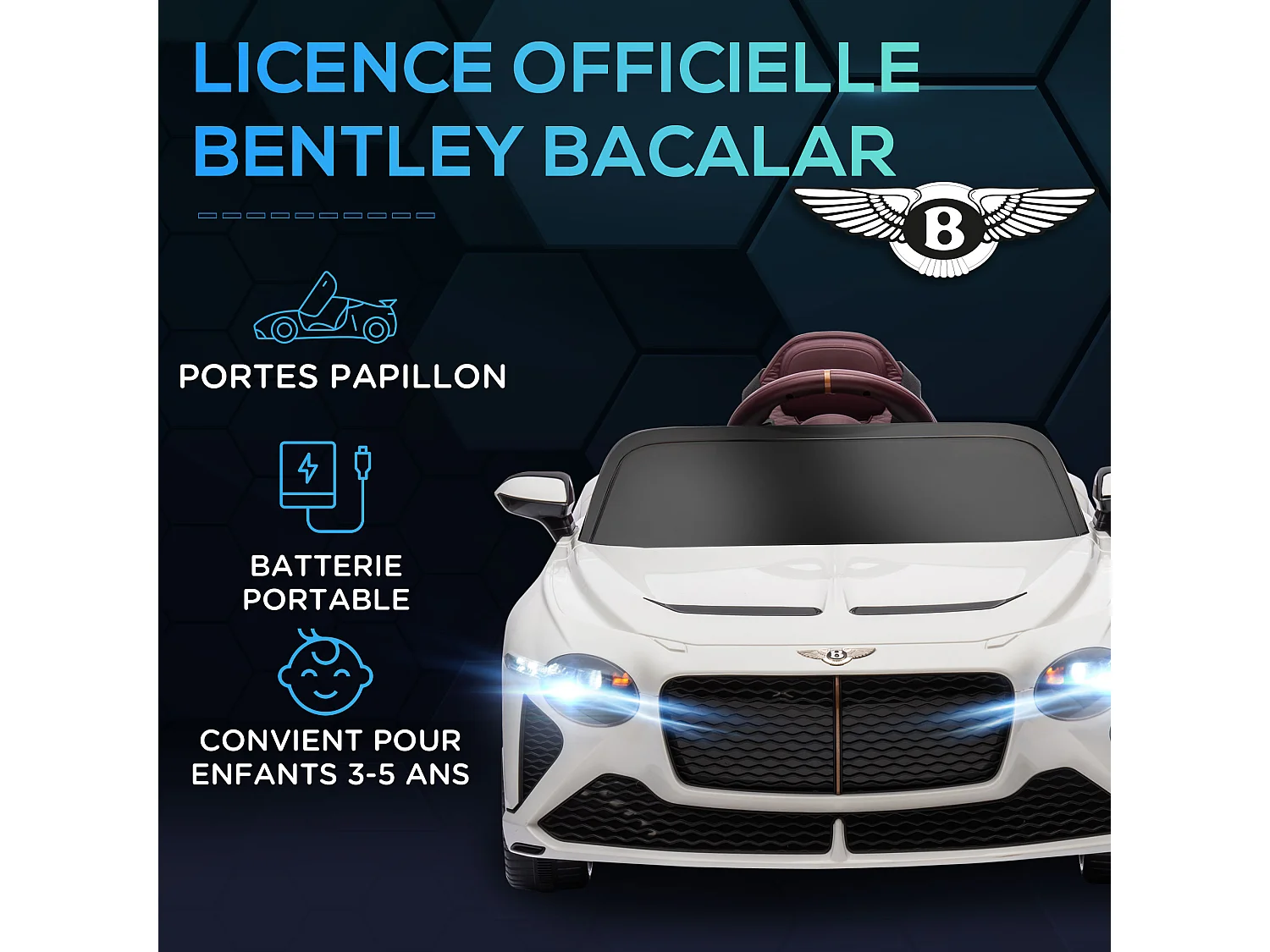 Véhicule électrique enfant Bentley Bacalar 2 moteurs 2 x 25 W télécommande effets sonores et lumineux blanc