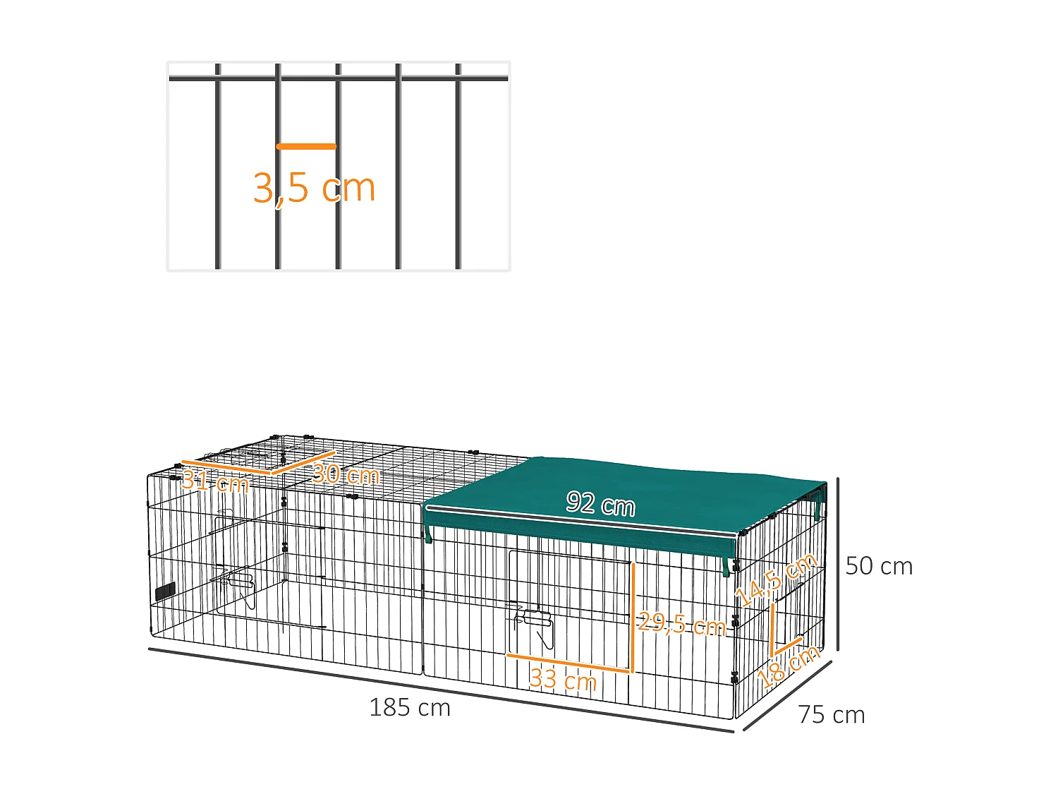 Parc enclos modulable acier avec bache pour lapins rongeurs petits animaux intérieur extérieur 185L x 75l x 50H cm vert