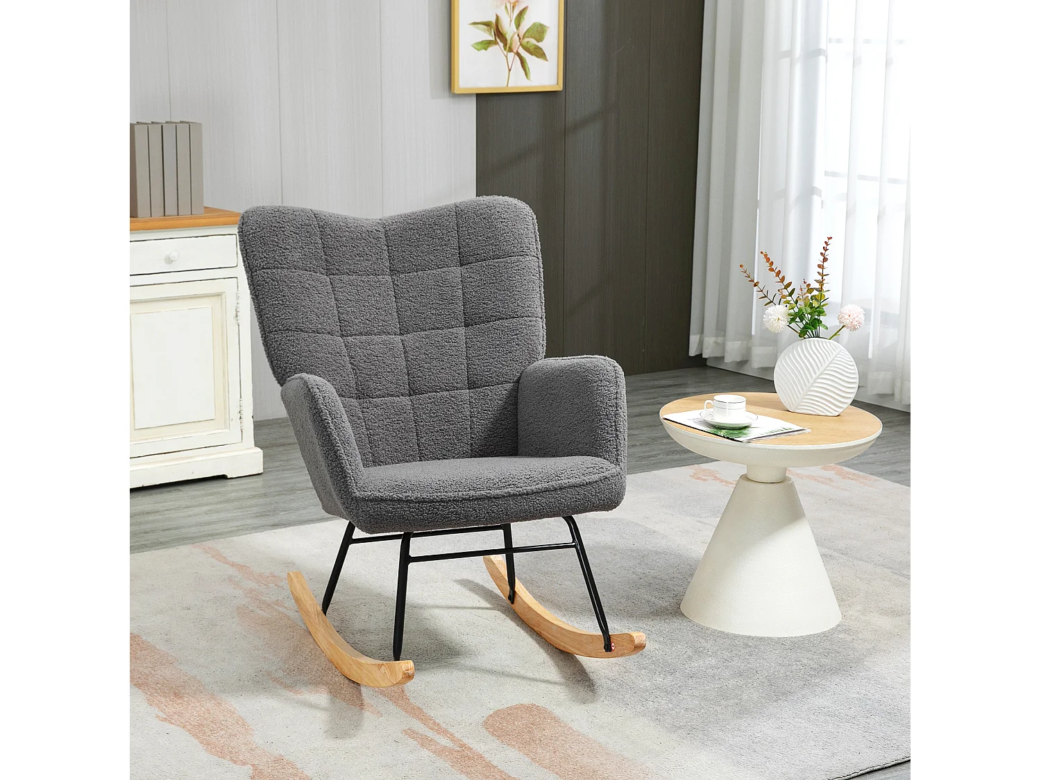 Fauteuil à bascule rocking chair design - structure acier piètement bois tissu effet laine bouclé anthracite