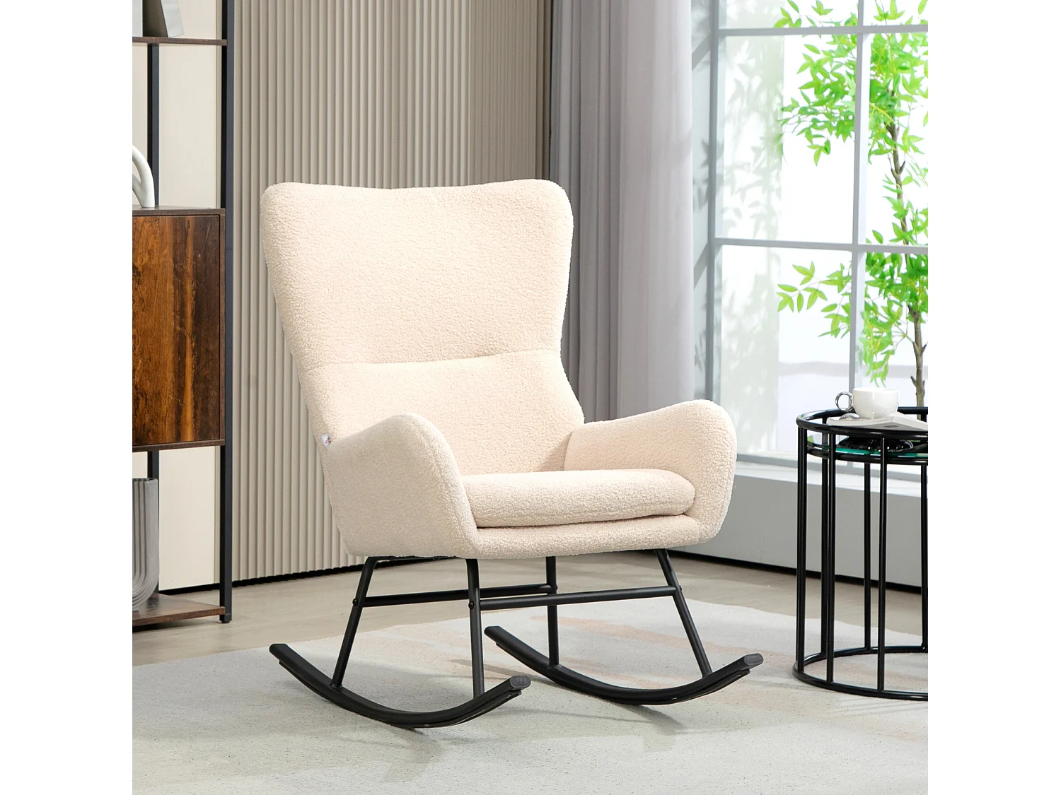 Fauteuil à bascule rocking chair style néo-rétro acier noir effet laine bouclée beige clair