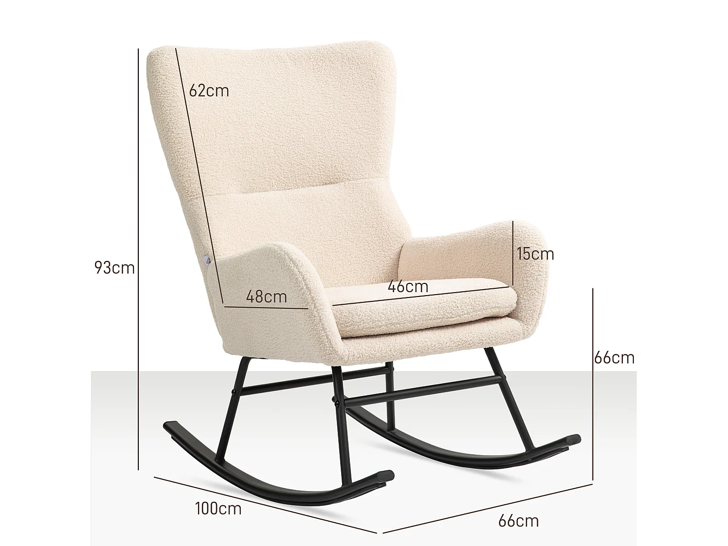 Fauteuil à bascule rocking chair style néo-rétro acier noir effet laine bouclée beige clair