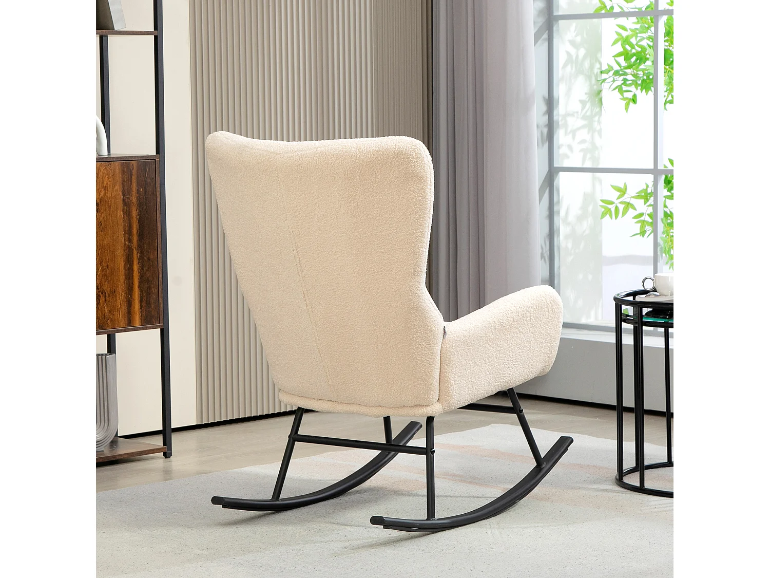 Fauteuil à bascule rocking chair style néo-rétro acier noir effet laine bouclée beige clair