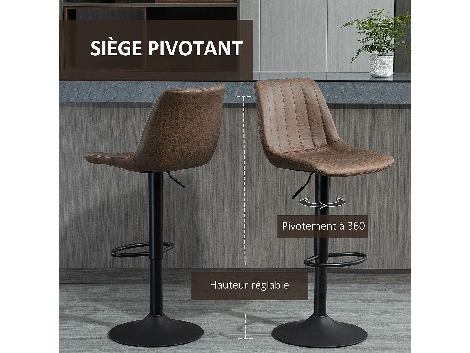 Lot de 2 tabourets de bar style vintage hauteur réglable pivotant repose-pied marron