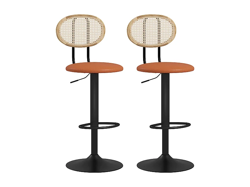 Lot de 2 tabourets de bar design néo-rétro - hauteur réglable, pivotant - acier PU rotin