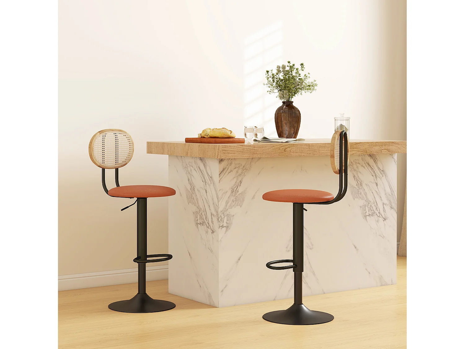 Lot de 2 tabourets de bar design néo-rétro - hauteur réglable, pivotant - acier PU rotin