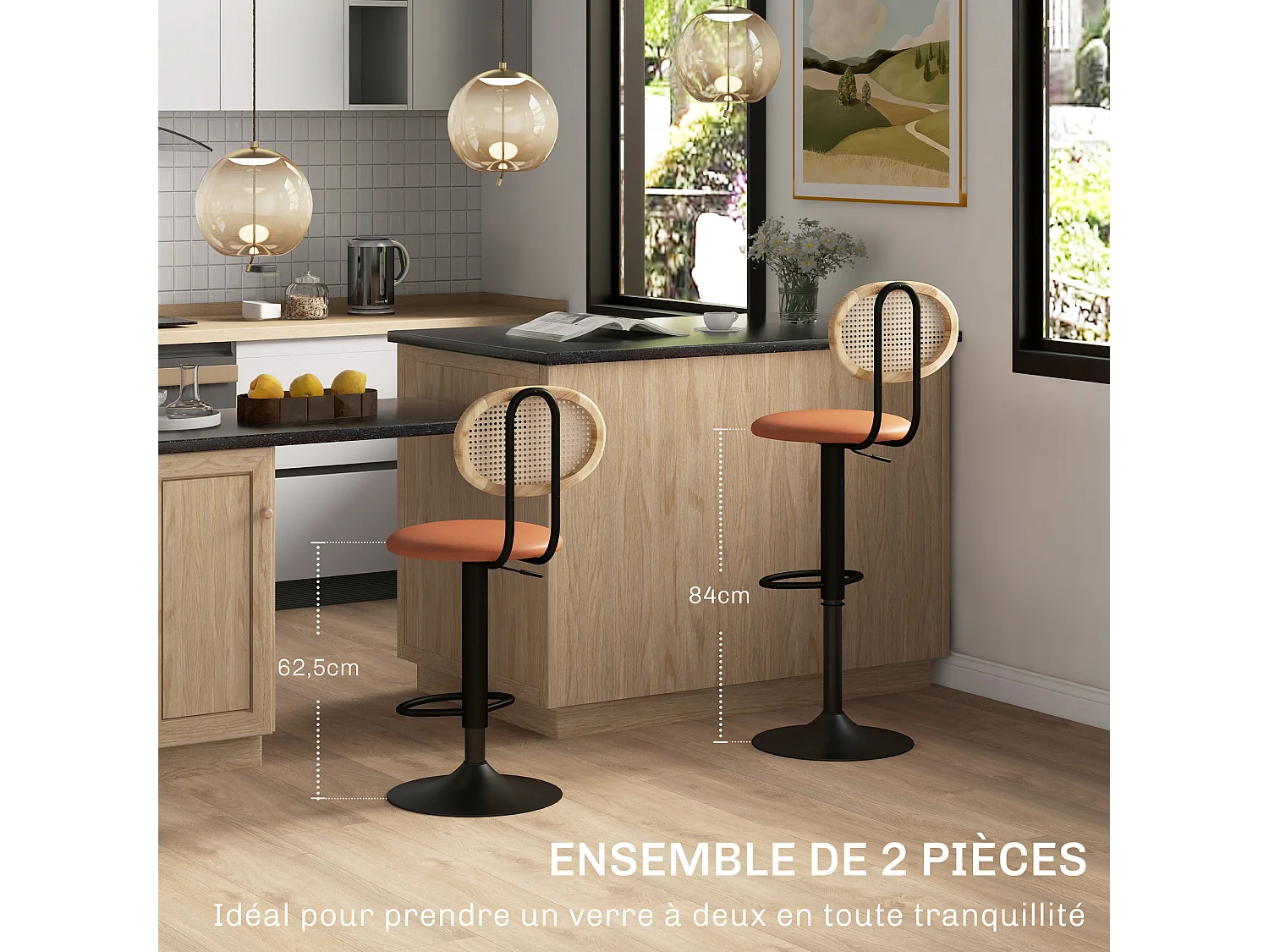 Lot de 2 tabourets de bar design néo-rétro - hauteur réglable, pivotant - acier PU rotin