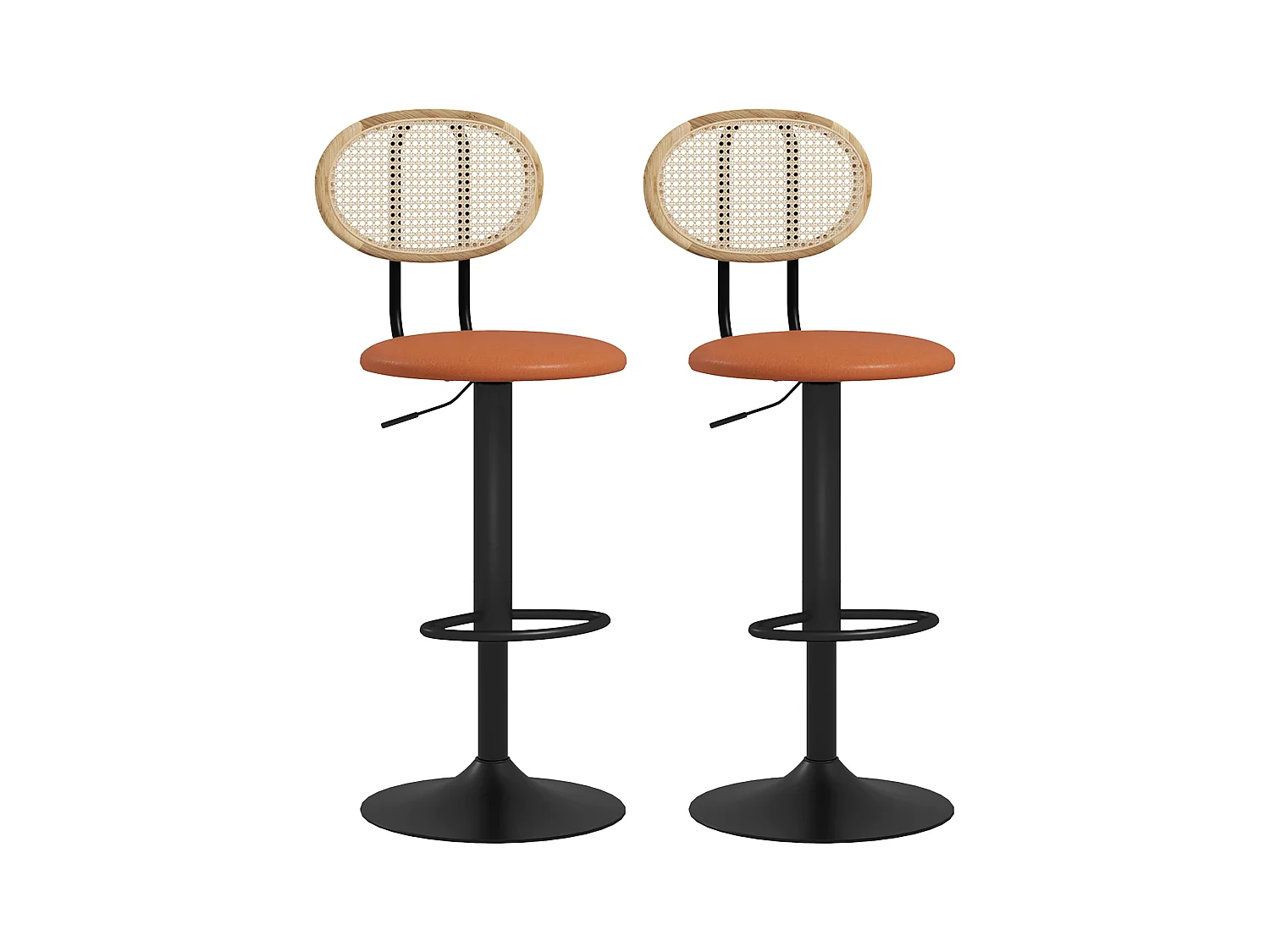Lot de 2 tabourets de bar design néo-rétro - hauteur réglable, pivotant - acier PU rotin