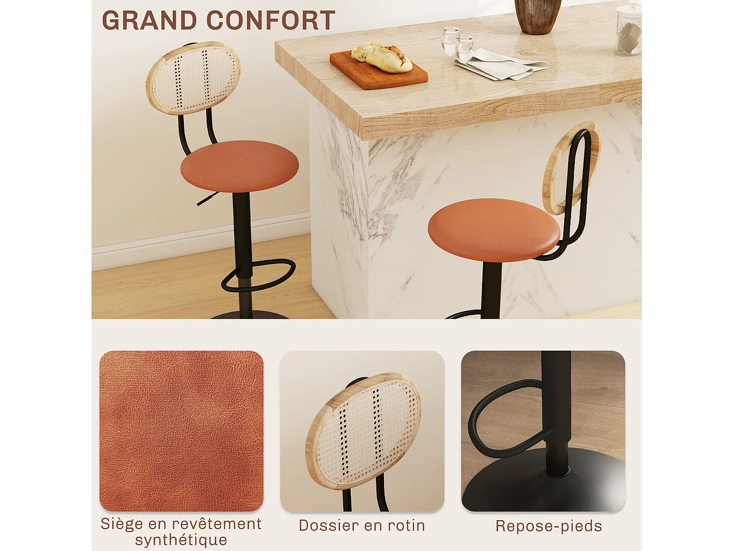 Lot de 2 tabourets de bar design néo-rétro - hauteur réglable, pivotant - acier PU rotin