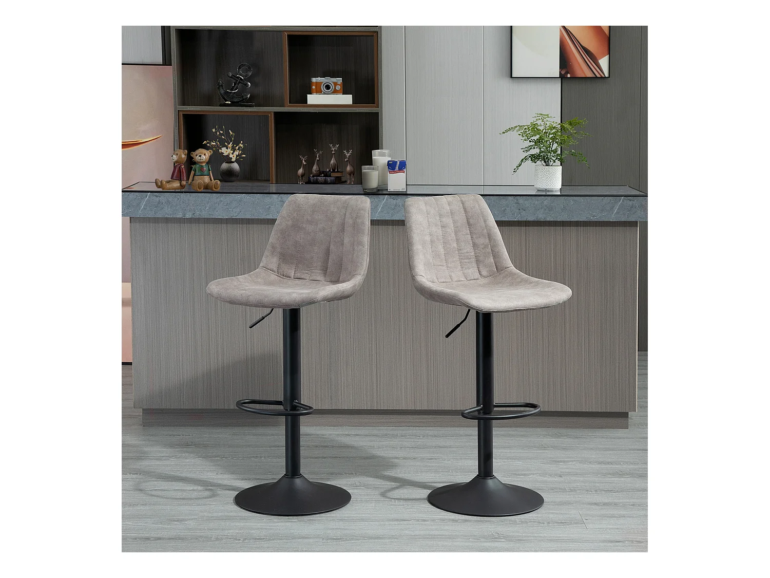 Lot de 2 tabourets de bar style vintage hauteur réglable pivotant repose-pied gris