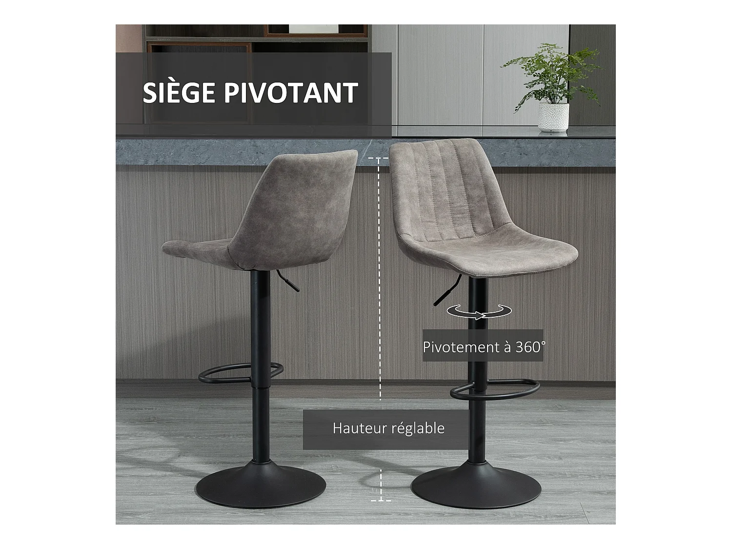 Lot de 2 tabourets de bar style vintage hauteur réglable pivotant repose-pied gris