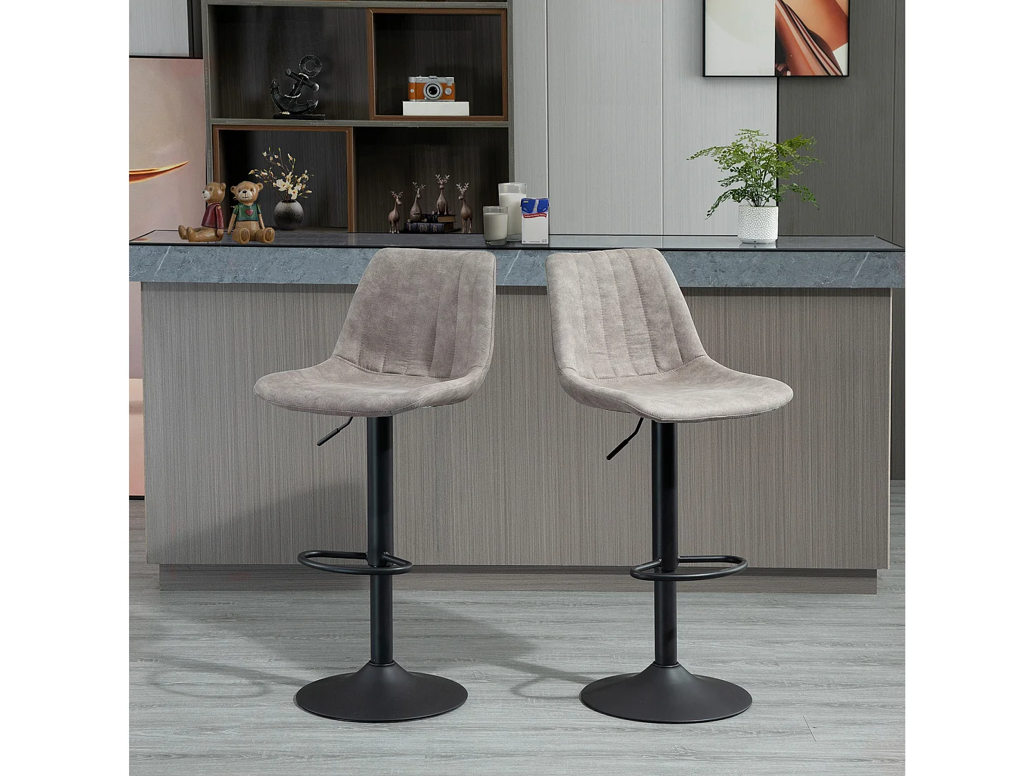 Lot de 2 tabourets de bar style vintage hauteur réglable pivotant repose-pied gris