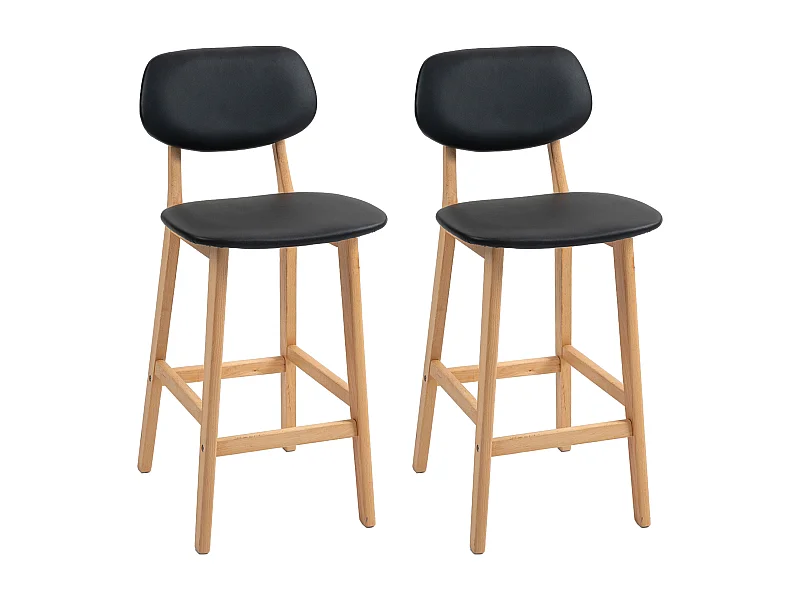 Lot de 2 tabourets de bar style néo-rétro structure piètement bois assise dossier PU noir