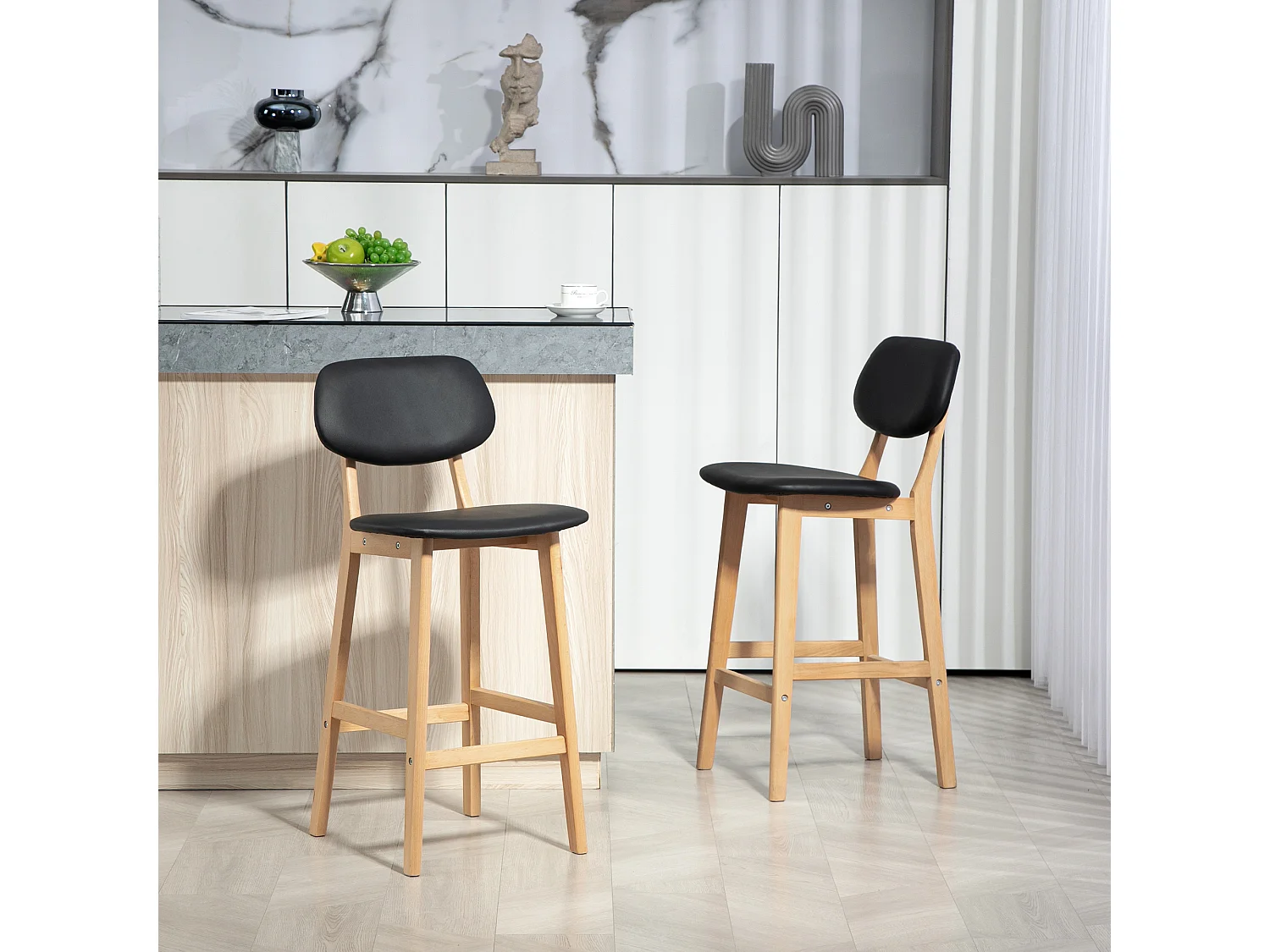 Lot de 2 tabourets de bar style néo-rétro structure piètement bois assise dossier PU noir