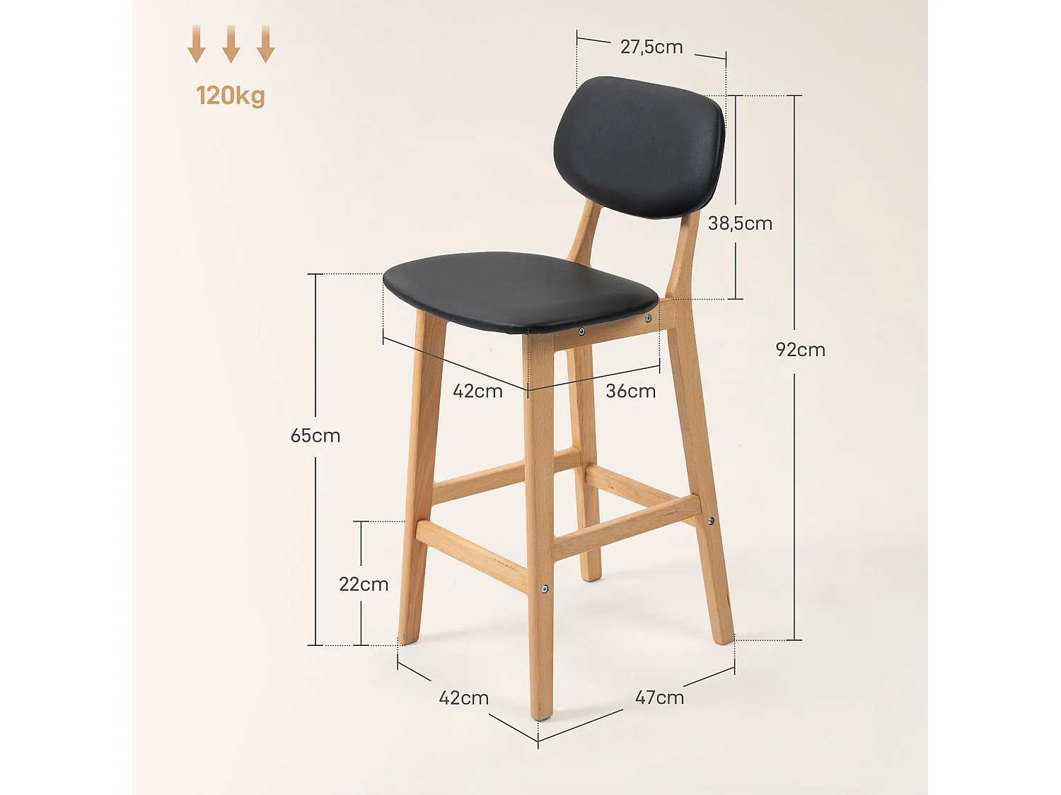 Lot de 2 tabourets de bar style néo-rétro structure piètement bois assise dossier PU noir