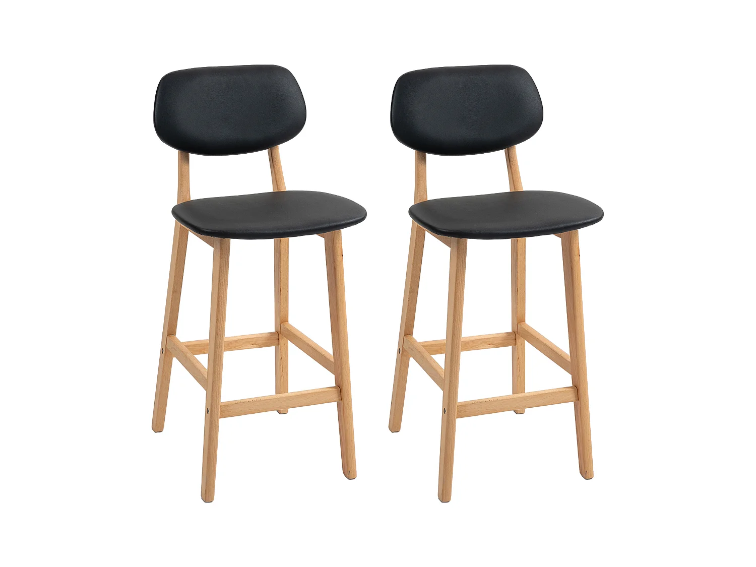 Lot de 2 tabourets de bar style néo-rétro structure piètement bois assise dossier PU noir