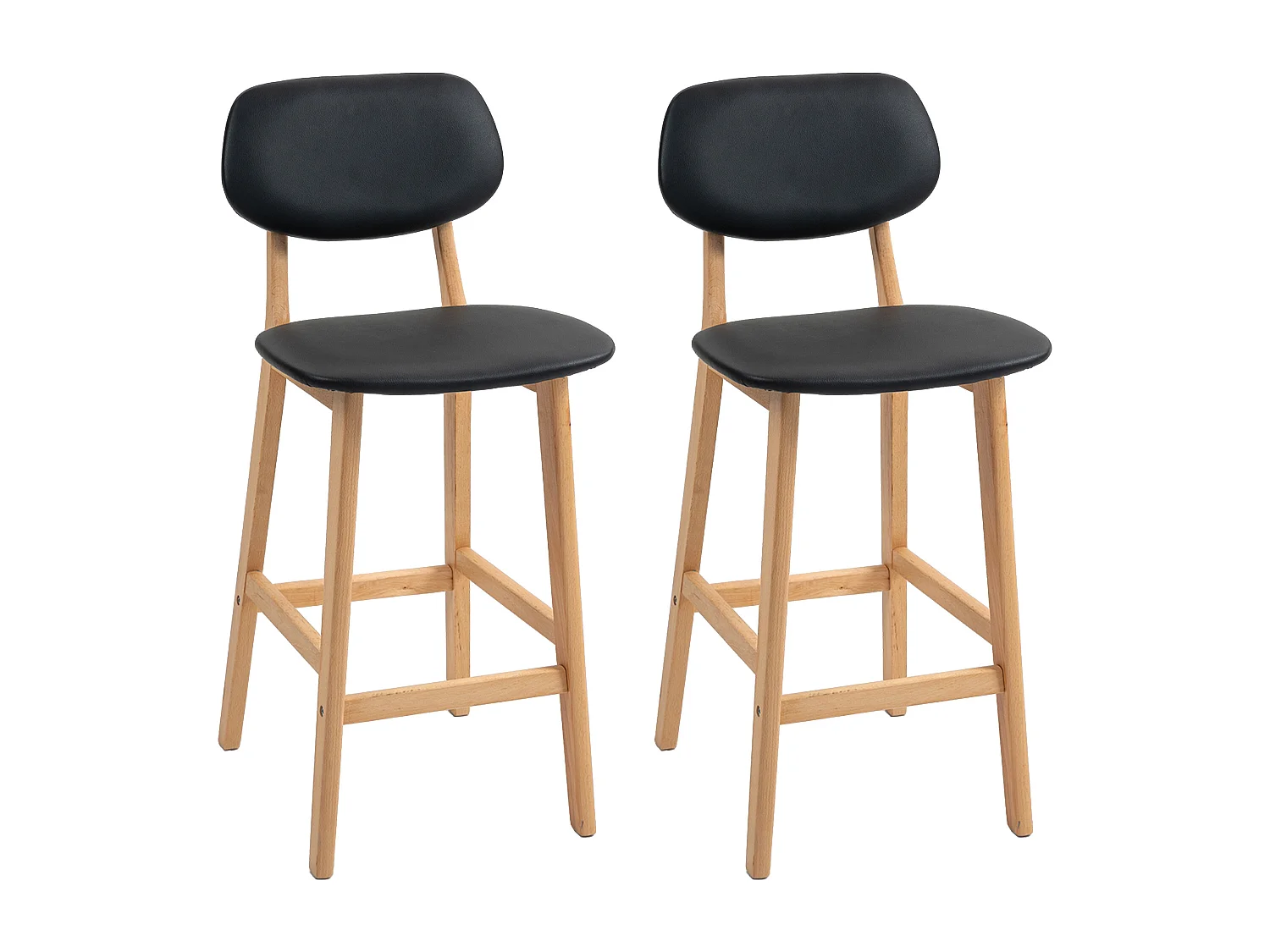 Lot de 2 tabourets de bar style néo-rétro structure piètement bois assise dossier PU noir