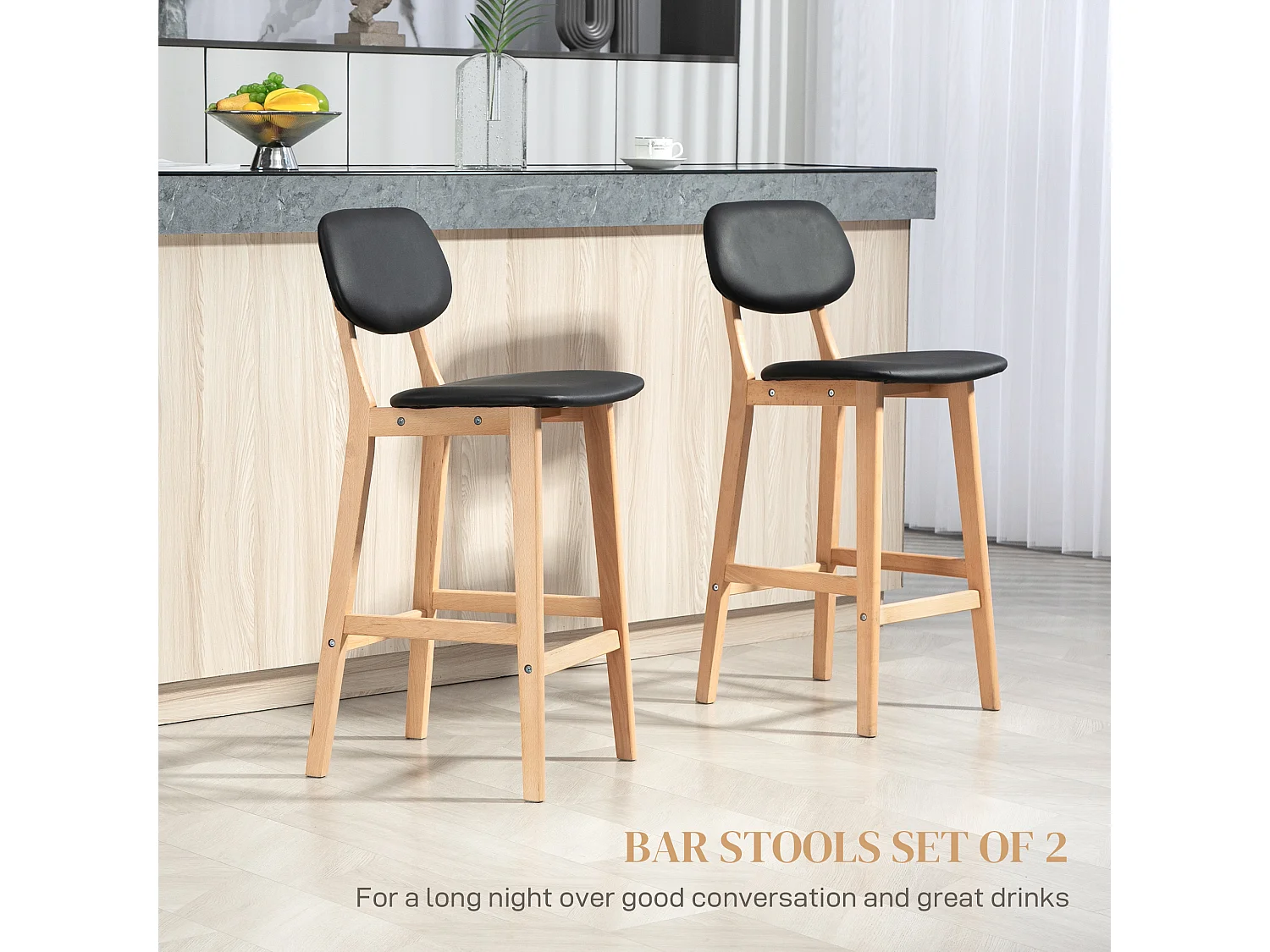 Lot de 2 tabourets de bar style néo-rétro structure piètement bois assise dossier PU noir