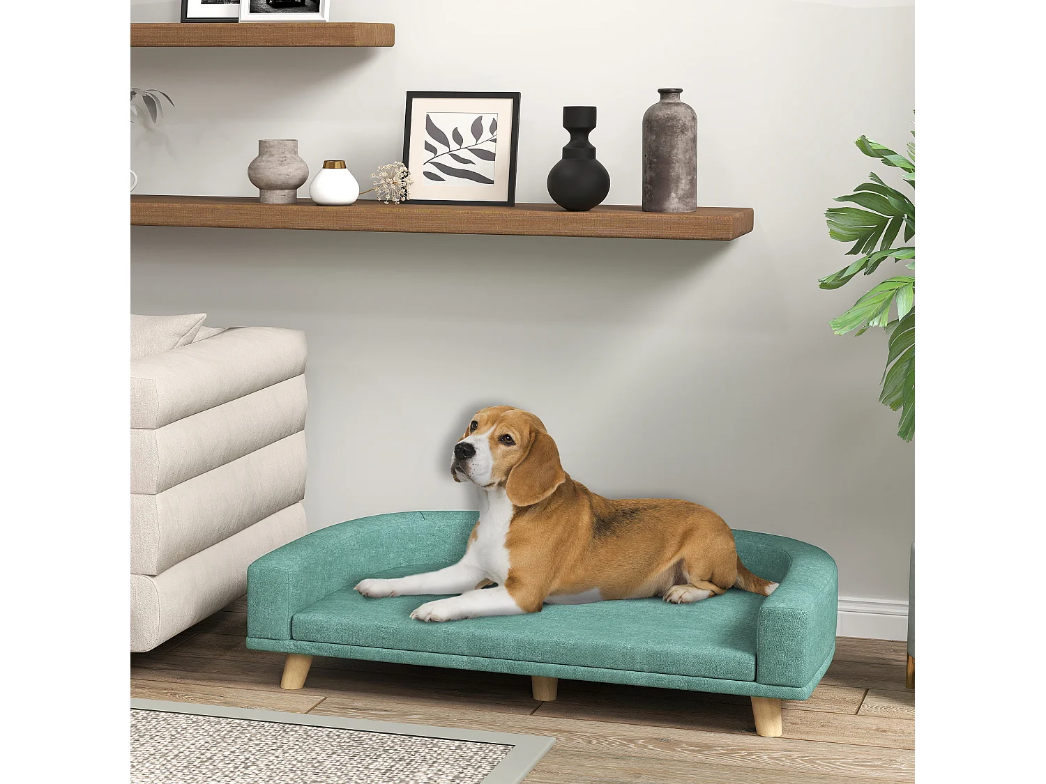 Canapé chien lit pour chien design scandinave coussin déhoussable dim 98L x 67l x 25H cm pieds bois tissu polyester vert