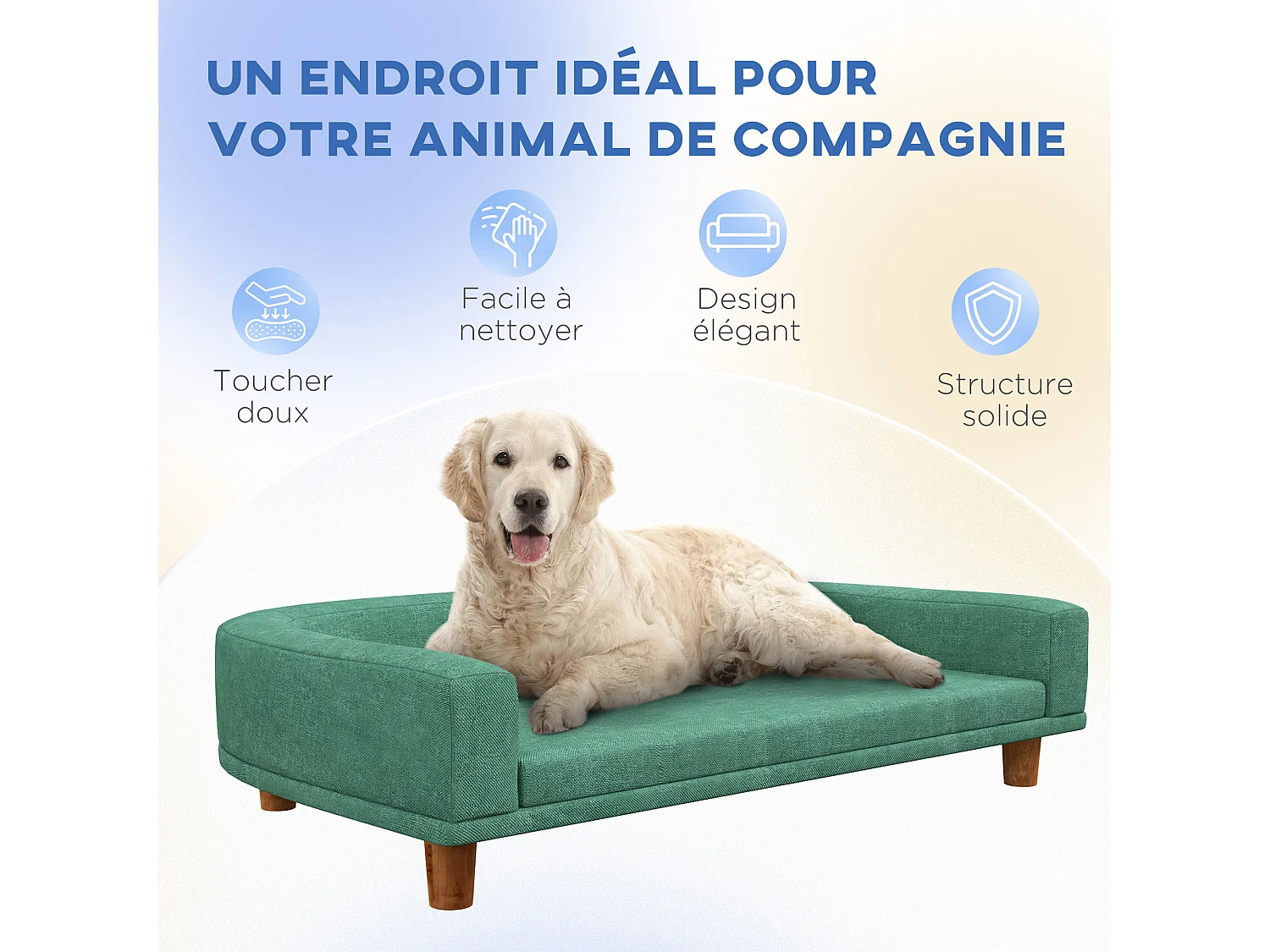 Canapé chien lit pour chien design scandinave coussin déhoussable dim 98L x 67l x 25H cm pieds bois tissu polyester vert