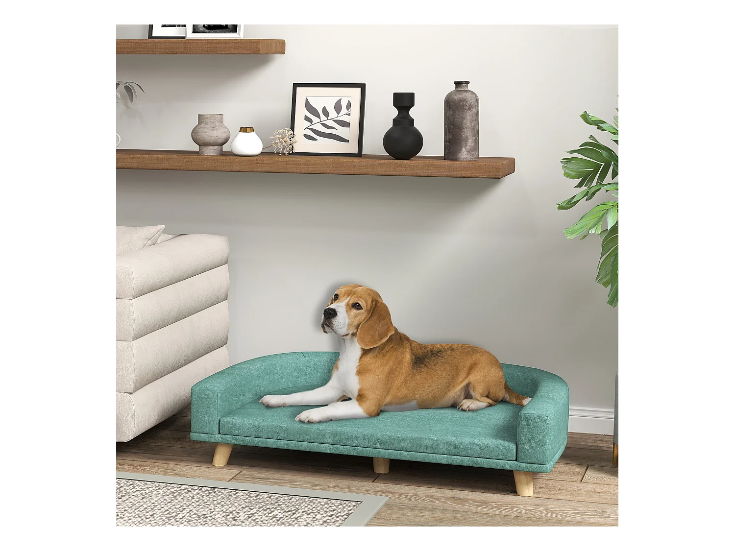 Canapé chien lit pour chien design scandinave coussin déhoussable dim 98L x 67l x 25H cm pieds bois tissu polyester vert