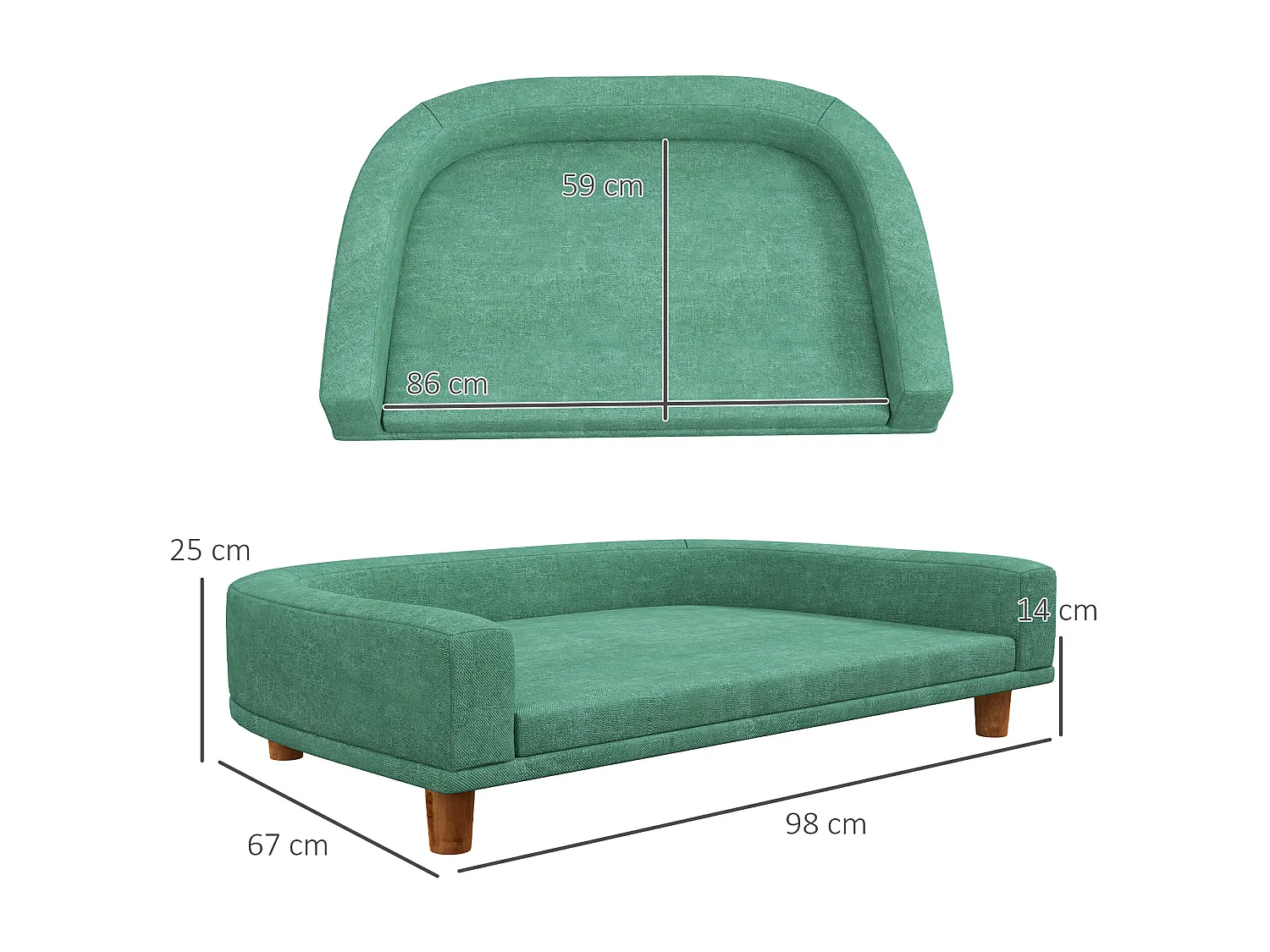 Canapé chien lit pour chien design scandinave coussin déhoussable dim 98L x 67l x 25H cm pieds bois tissu polyester vert
